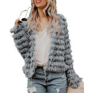 Grey Women's Open Front Cardigan - Trendy Faux Fur Winter Coat for All Occasions